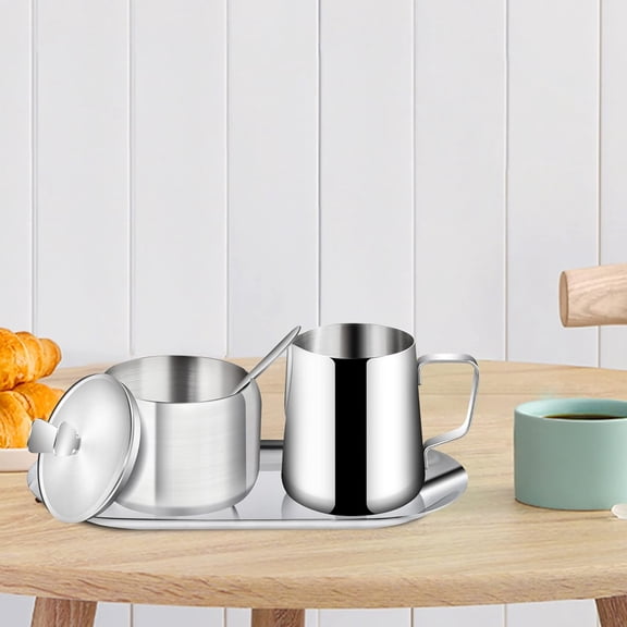 Stainless Steel Sugar and Creamer Set, Coffee Serving Set with Lid and Spoon