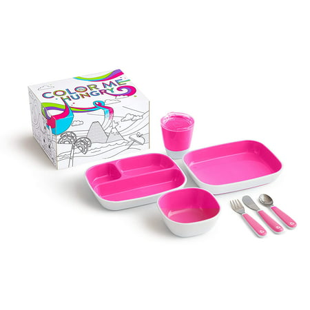 Munchkin Color Me Hungry Splash 7pc Toddler Dining Set ? Plate, Bowl, Cup, and Utensils in a Gift Box, Pink