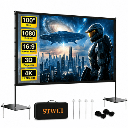 STWUI Outdoor Projector Screen with Stand – 100" Portable Projector Outdoor Movie Screen 16:9 4K Wrinkle-Free
