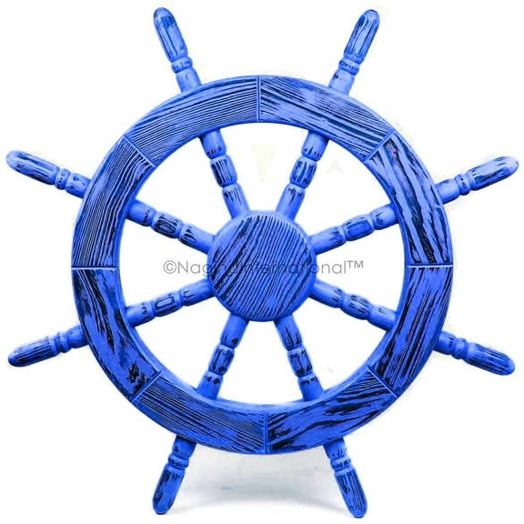 Nagina International Rustic Antique Beautiful Wall Decor Handcrafted Pine Nautical Ship Wheel | Maritime Exclusive Wall Decor (24 Inches, Junky Blue)