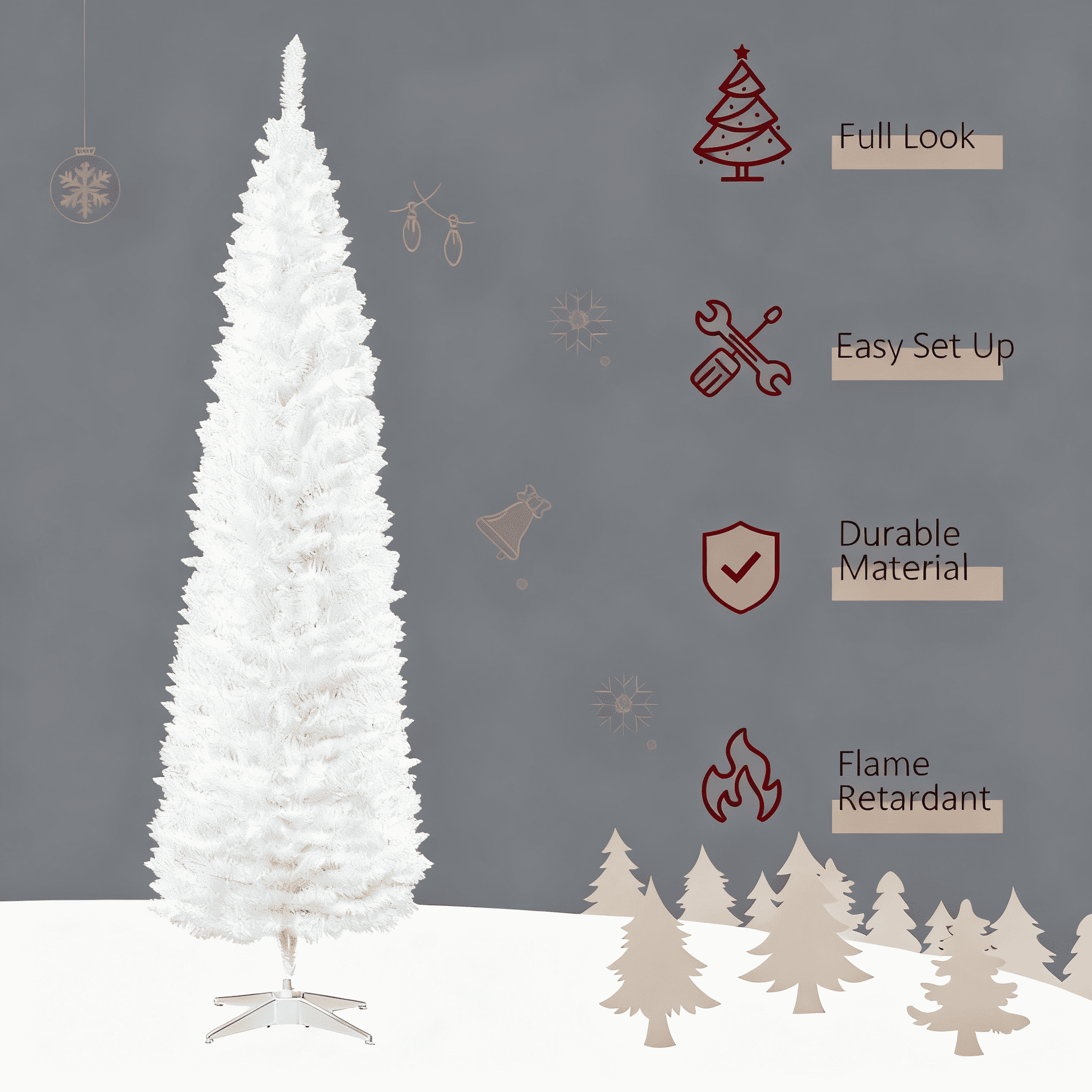 7ft Unlit White Pencil Christmas Tree 499 Tips Easy Assembly Plastic Base Small Space Holiday Decor