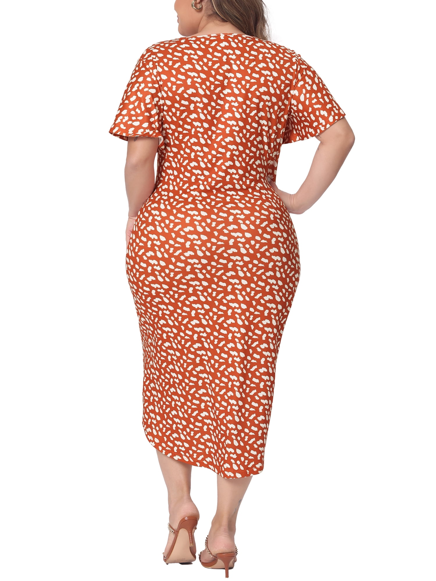 DARING DIVA Women's Plus Polka Dots and Ruched Round Necks Dress 4X Orange