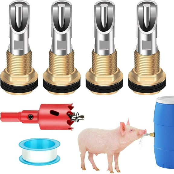 4 Pcs Pig Waterer Nipples for Barrel Kit, Stainless Steel Hog Waterer Nipples Automatic Pig Nipple Water Drinker Feeder Water System with Brass Tank Connector Kit for Piglets Goat