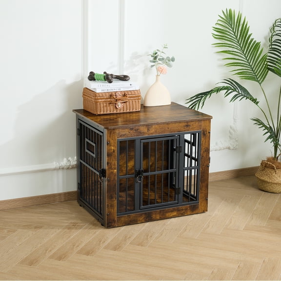 Decorative Wooden Dog Crate Furniture 27.2"x20.1"x23.6" with 3 Doors Bowls