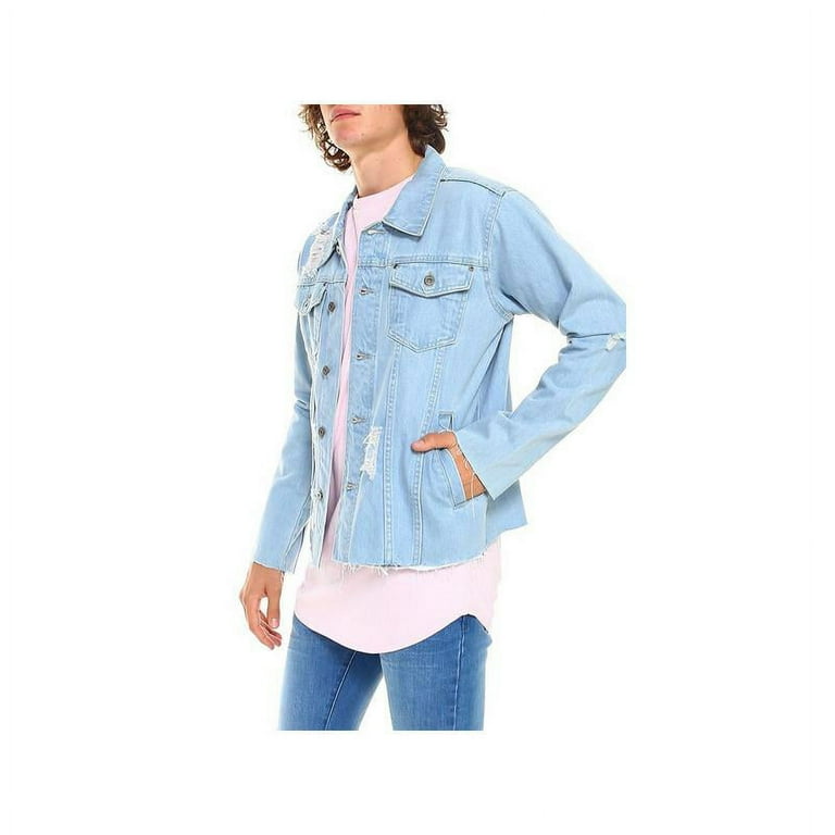 Hawks Bay Men s Distressed Ripped Raw Hem Cropped Denim Jacket Light Blue Large Walmart