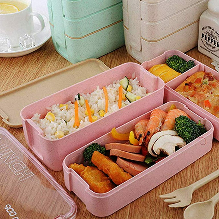 1pc Printed Three-layer Wheat Straw Plastic Bento Box With Tableware  Microwaveable Square Lunch Box For Students And Adults