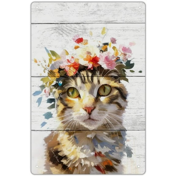 Tabby Cat Wall Decor, Cats Gifts for Kitten, Kitty, Cat Lovers, Cute Floral Cat Wall Art, Decorative Signage for Girls Bedroom, Kids Room, Funny Cat Bathroom Signs 12x8 Inches
