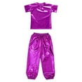 thumbnail image 3 of iixpin Kids Girls Metallic Jazz Dance Outfit Short Sleeve Sparkly T-shirt and Pants 2 Piece Hip Hop Dancewear Purple 2-3, 3 of 7