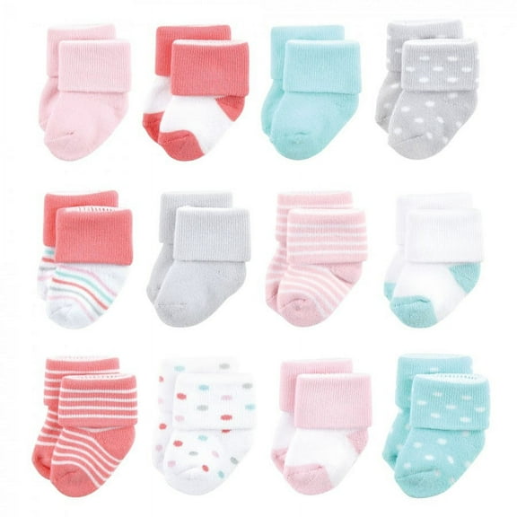 Luvable Friends Baby Girl Newborn and Baby Terry Socks, Coral Dots 12-Pack, 0-6 Months