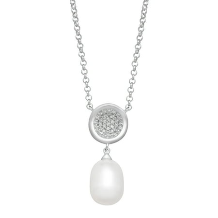 Freshwater Pearl Drop Pendant with Diamonds in Sterling Silver