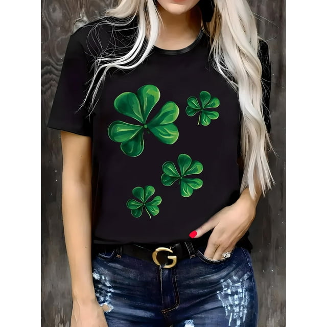 T-Shirt Noir pour Femmes de la Saint-Patrick avec Imprimé de Trèfle Vert Vibrant - Manches Courtes Décontractées, Col Rond, Mélange de Polyester Léger, Cadeau Idéal pour la Fête des Pères, la Fête des Mères