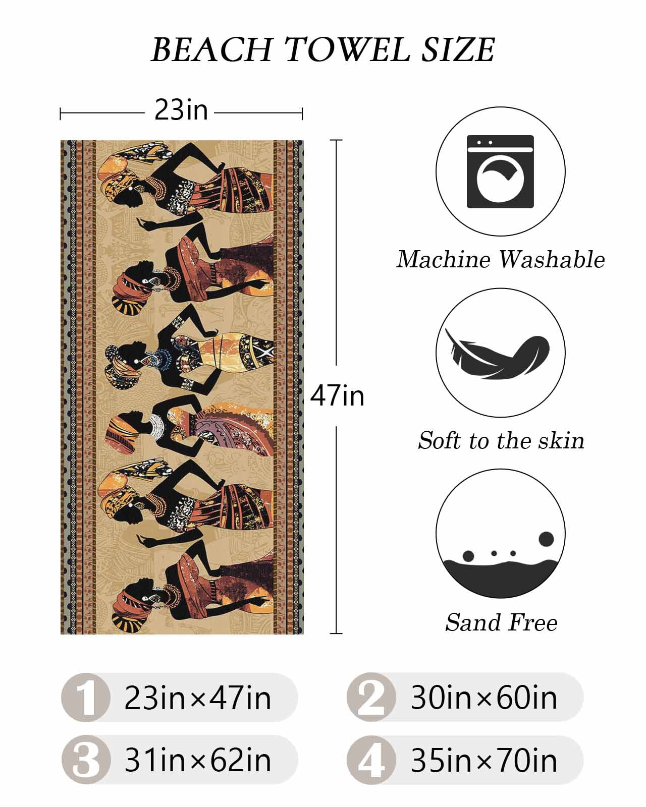 African Black Women Beach Towels Oversized Super Absorbent, Boho Ethnic Tribe Vintage Brown Lightweight Bath Towel Quick Dry Sets For Bathroom/Pool/Rv Camping/Beach Play/Gym Room/Picnic 30"x60"