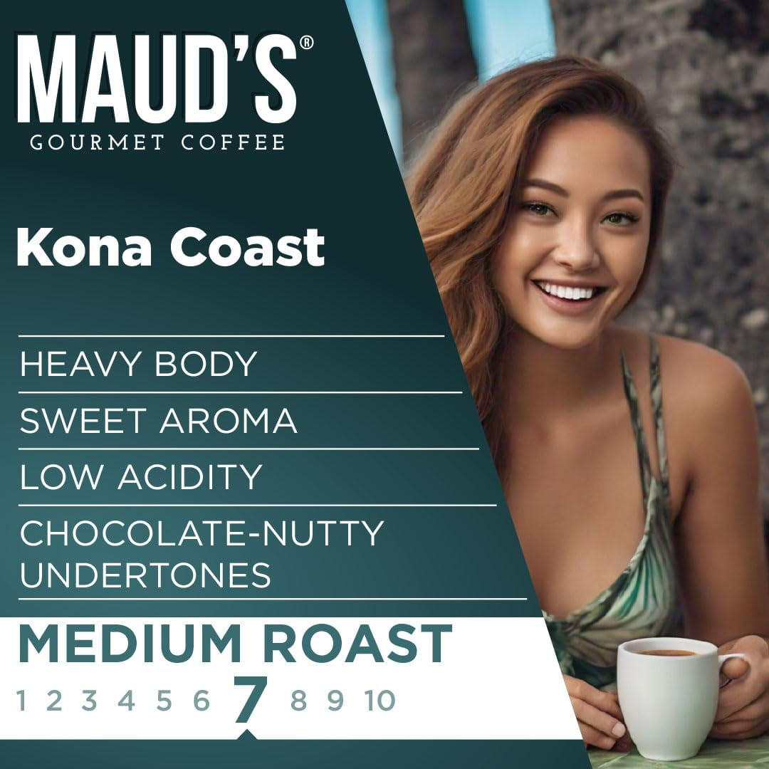 Maud's Kona Coffee Pods, 50ct, Medium Roast Coffee in Single Serve Pods – 100% Arabica Beans, Compatible with Keurig K Cups Maker