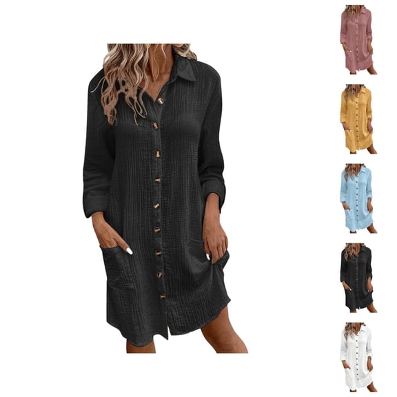 Shirt Dresses for Women Long Sleeve Button Down Collared Loose Fit Midi Dress Spring Work Dress with Pockets