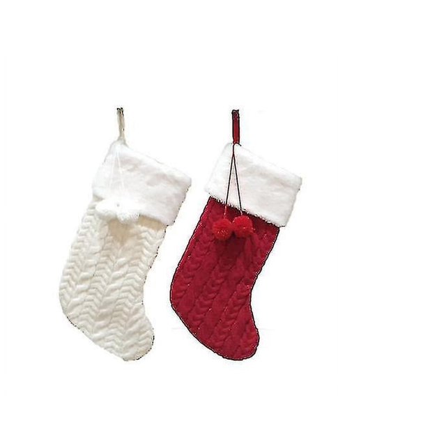 Medias navideñas Calcetines tejidos con hilo rojo y blanco Bolsa de regalo de dulces con pompones (rojo y blanco) (2 unidades)