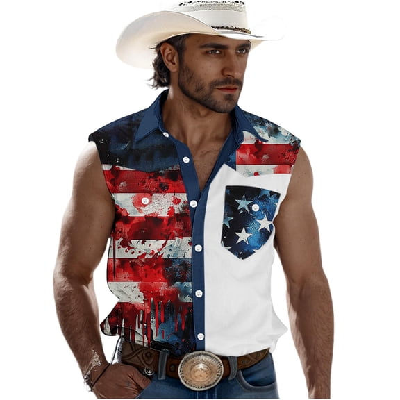 Men's USA Flag Sleeveless Western Shirt Patriotic Star Stripe Cowboy Button Down Vest Top