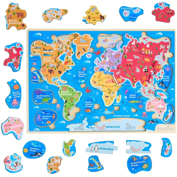 Rompecabezas de mapa de Estados Unidos de madera Montessori Mama y rompecabezas de mapa de continentes y océanos del mundo (rompecabezas de mapa mundial)