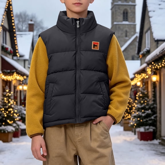 Boys Quilted Vest Outwear Full Zip Casual Fashion Warm Winter Sleeveless Jacket Black 4-14