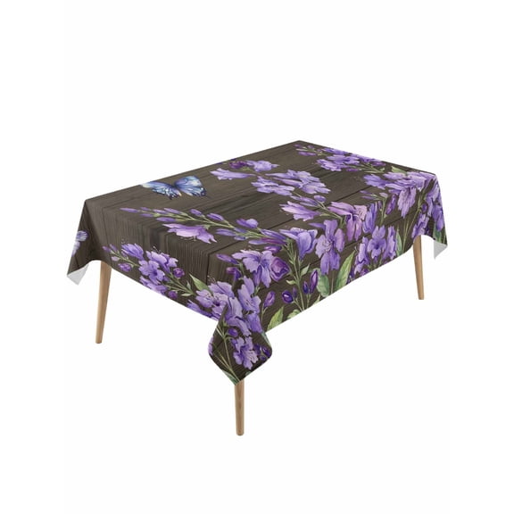 Purple Flowers Table Cloth, Waterproof Tablecloth for Rectangle Tables, Butterfly Spring Floral Wooden Farmhouse Reusable Washable Fabric Table Cover for Restaurant Kitchen Dining Tables 60"x120"