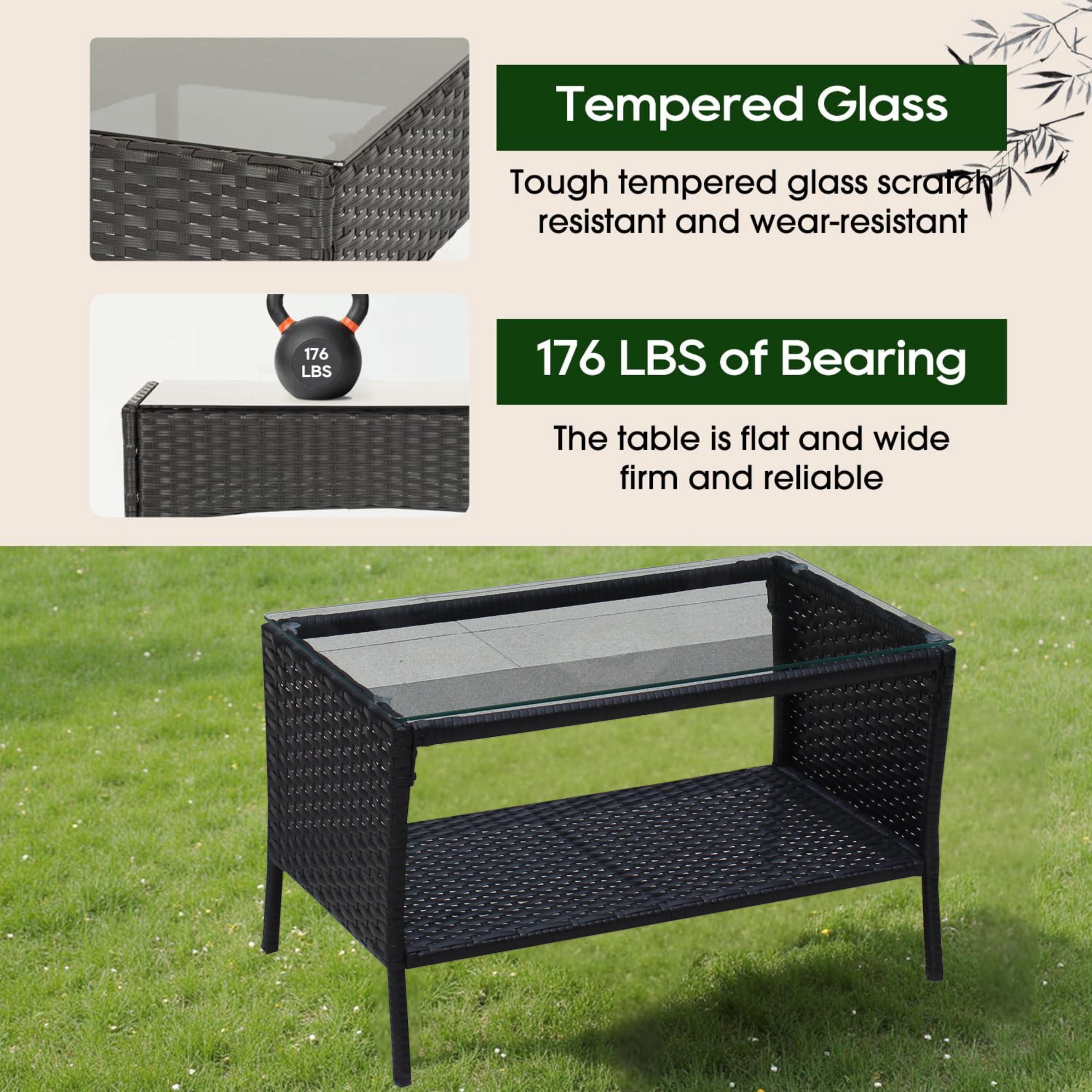 Aukfa 4 Piece Rattan Outdoor Sofa Patio Conversation Couch Set with 2-Tier Coffee Table&Green Cushion