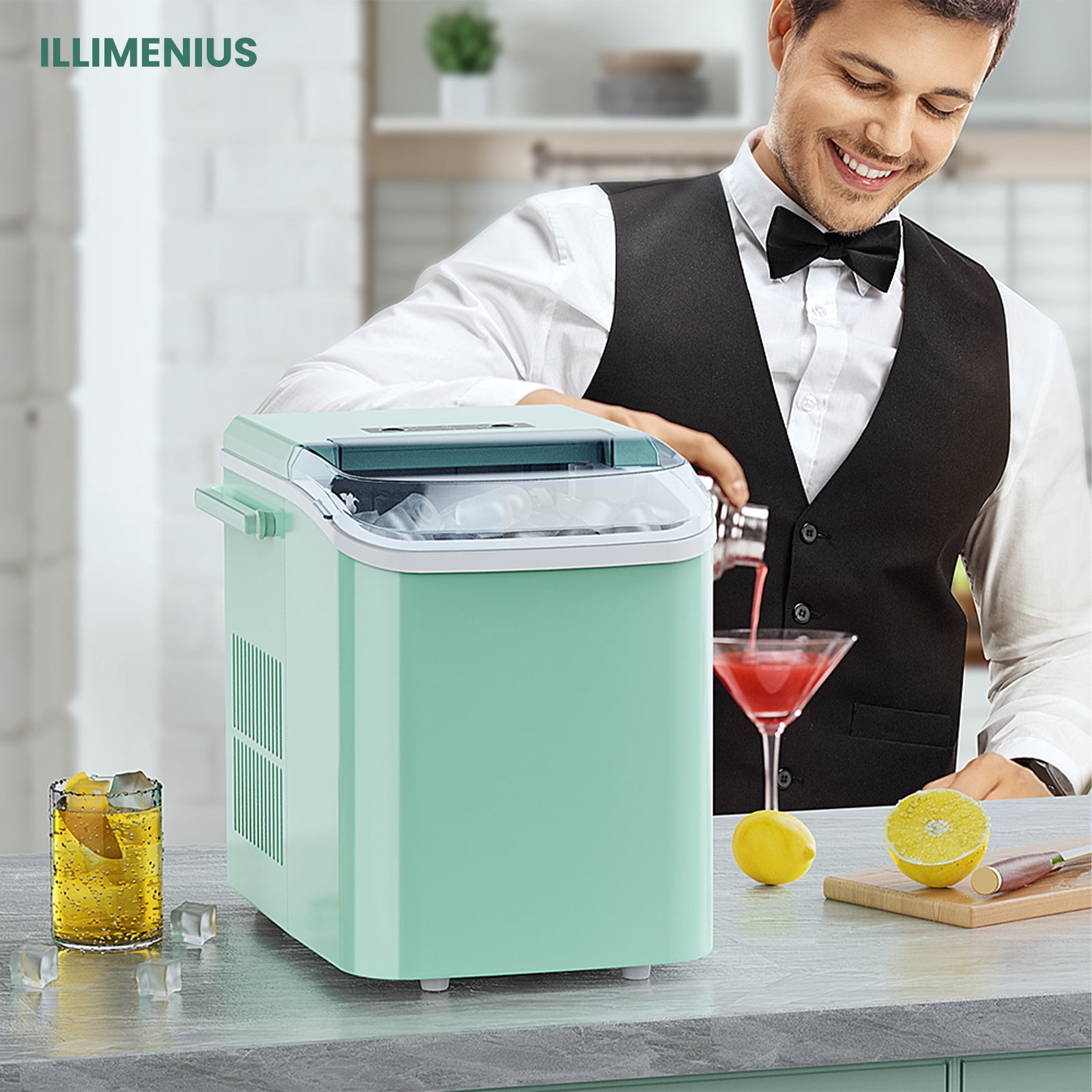 illimenius Portable Countertop Ice Maker, 9Pcs/6Min 26.5Lbs/24H, Green
