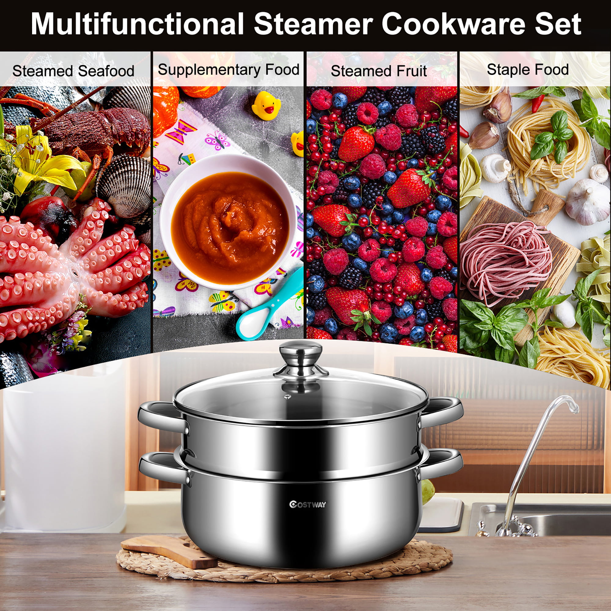 9.5 QT 2 Tier Stainless Steel Steamer Pot Cookware Boiler w