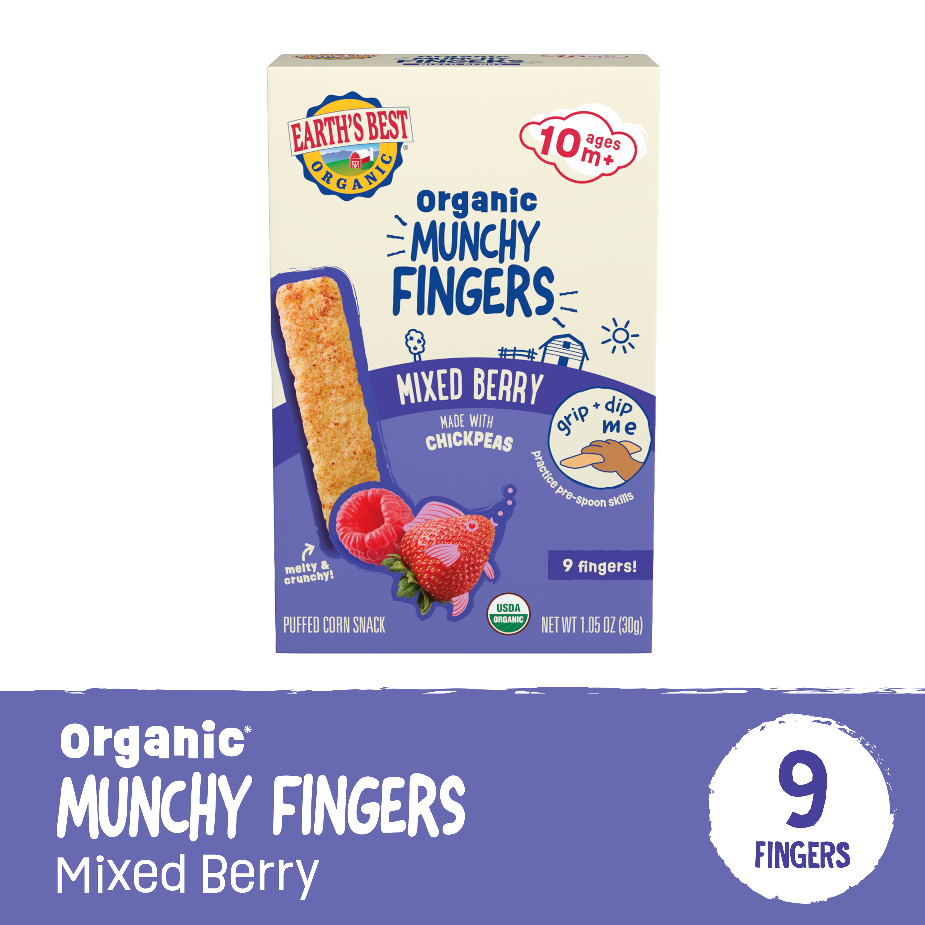 Earth's Best Organic Bite-Size Munchy Fingers Mixed Berry Puffed Baby Snack, 1.05 oz Box