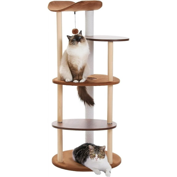Wood Cat Tree Tower for Indoor Cats,5-Level Modern Cat Tree Cat Activity Center with Scratching Posts, Brown