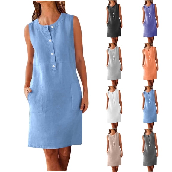 Admvng Women's Linen Dresses with Pockets Sleeveless U-Neck Pockets Dress Beach Casual Sundress
