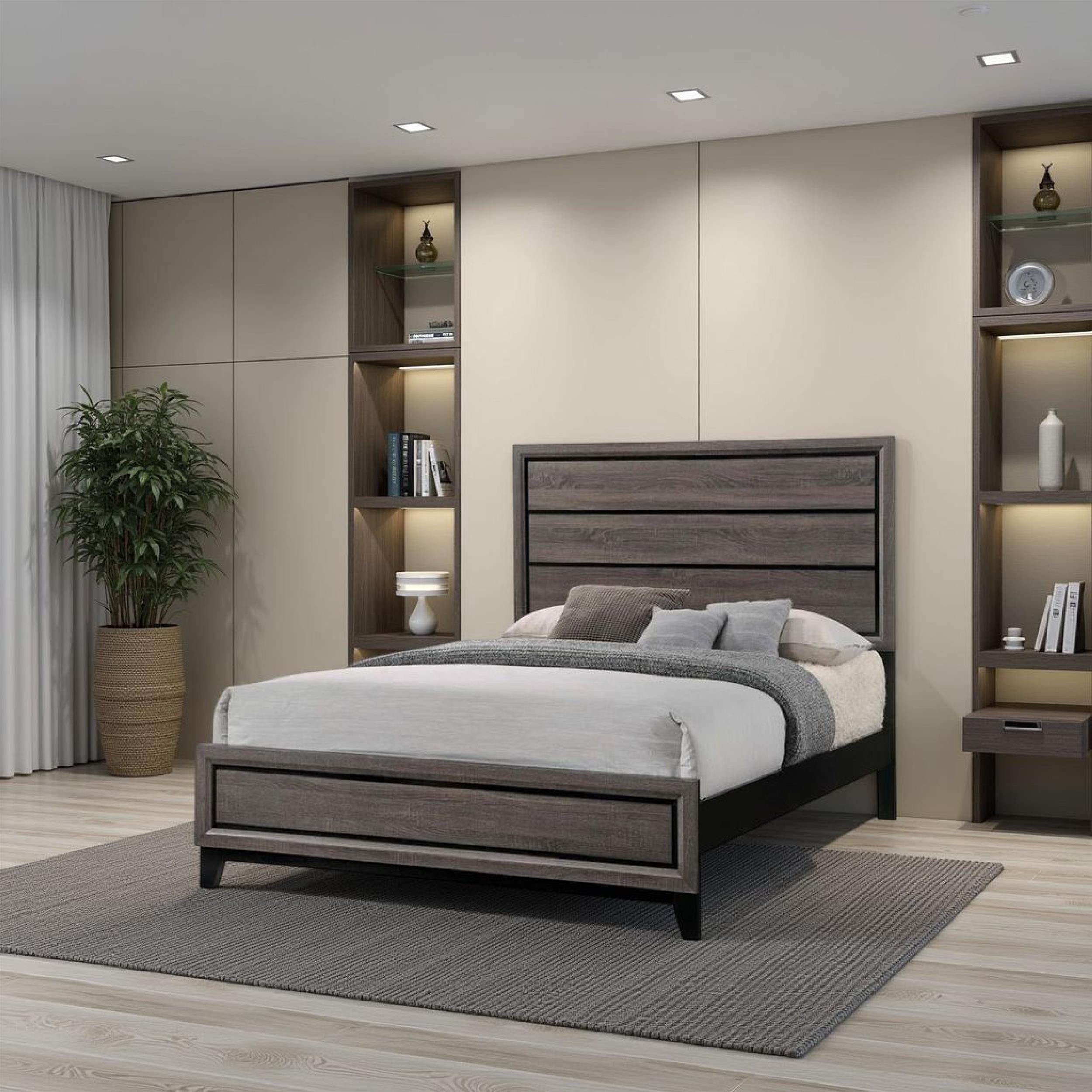 Transitional Wooden Eastern King Bed with Plank Headboard, Gray Oak