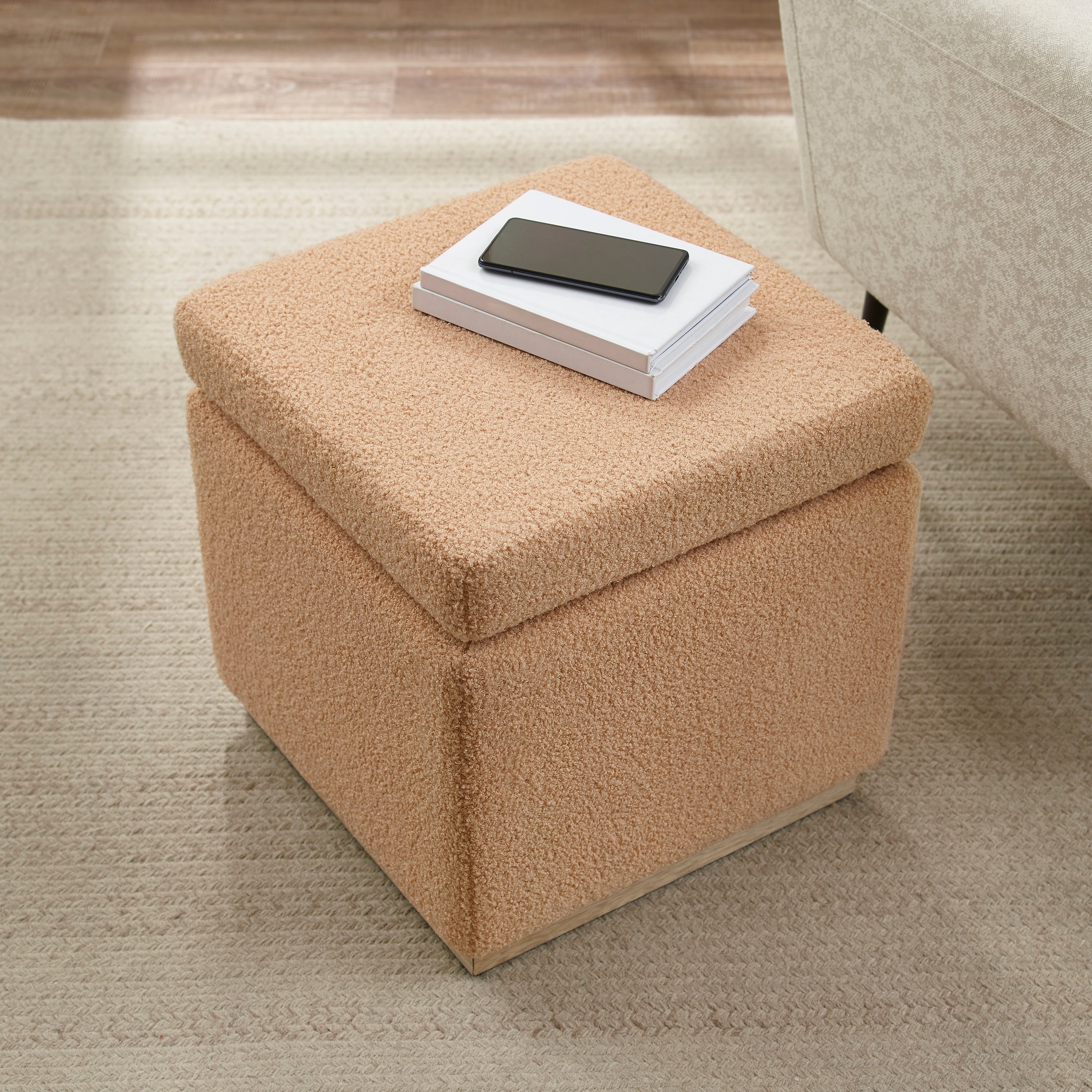 Linon Elta Square Storage Ottoman Tan Sherpa Walmart