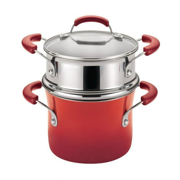 Rachael Ray Classic Brights Hard Enamel 3 Quart Nonstick Saucepot and Steamer Insert Set with Lid, Red
