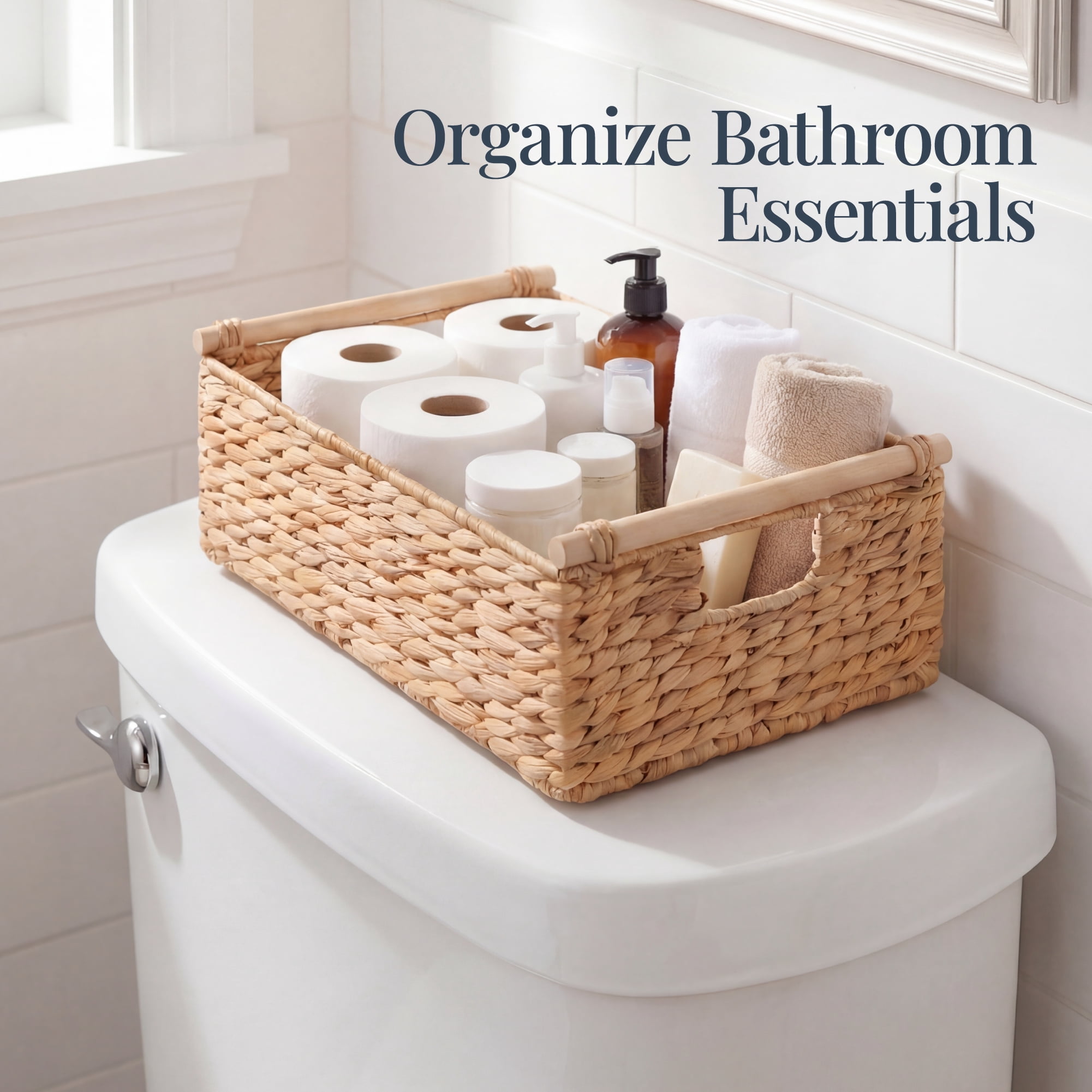 Best Choice Products Wicker Storage Basket, Shelf Basket w/ Wooden Handles, Rectangular Storage Bin - Natural