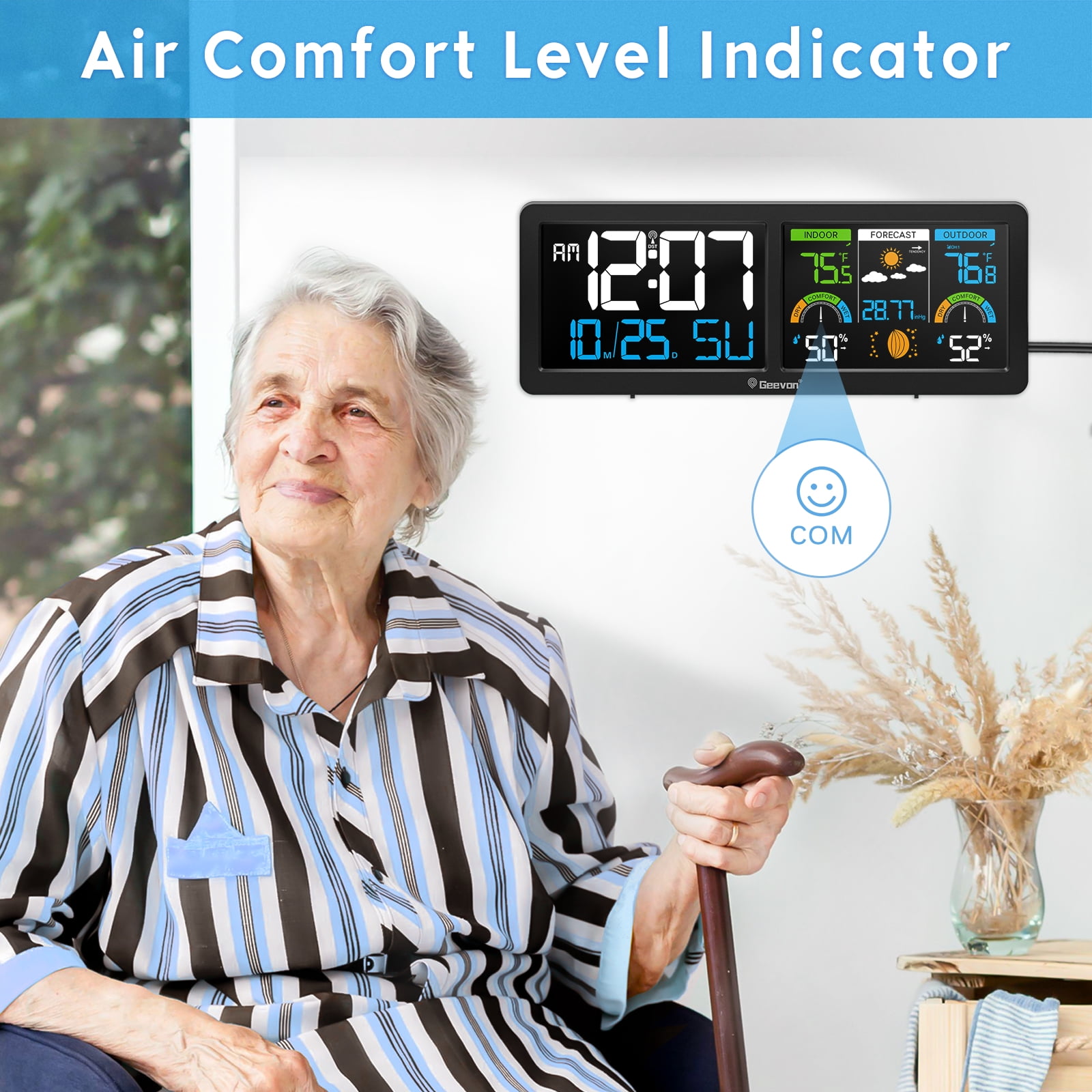 Geevon Weather Station Wireless Indoor Outdoor Thermometer with Atomic Clock, HD Color Display Digital Temperature Humidity Monitor with Barometer, Comfort Indicator, and Adjustable Backlight