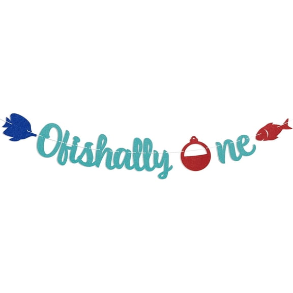 Ofishally One Banner - Gone Fishing 1st Birthday Banner, Boy's First Birthday, Fishing Themed One Years Old Birthday Baby Shower Party Decorations Blue Glitter