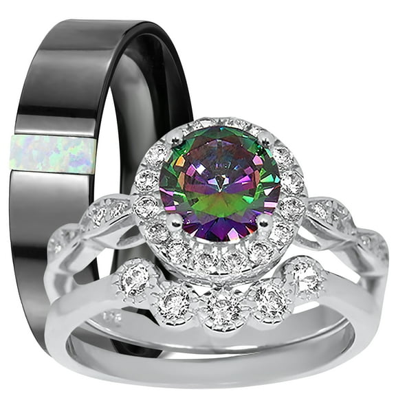 LaRaso & Co His Her Wedding Set 3 Piece Trio Sterling Silver Black Ceramic Wedding Band Set 5/9