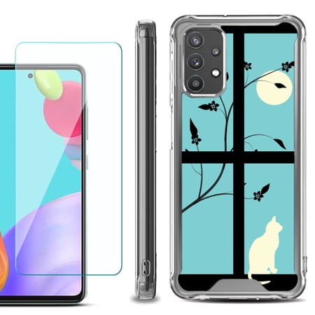 Shockproof Bumper Phone Case for Samsung Galaxy A52 5G with Tempered Glass Screen Protector by OneToughShield ® - Moon/Cat
