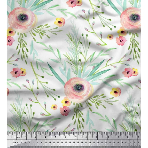 Soimoi White Silk Fabric Leaves & Ranunculus Floral Print Fabric by the Yard 42 Inch Wide