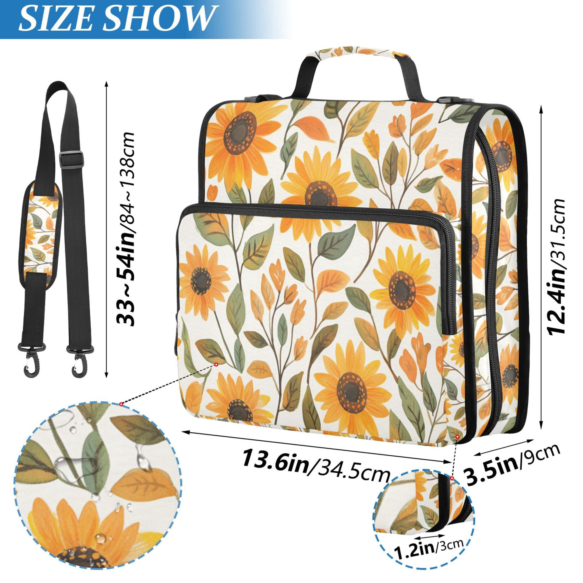 FORMRS Zipper Binder with Shoulder Strap 2-inch Ring 500 Sheet Capacity File Bag, Watercolor Sunflowers