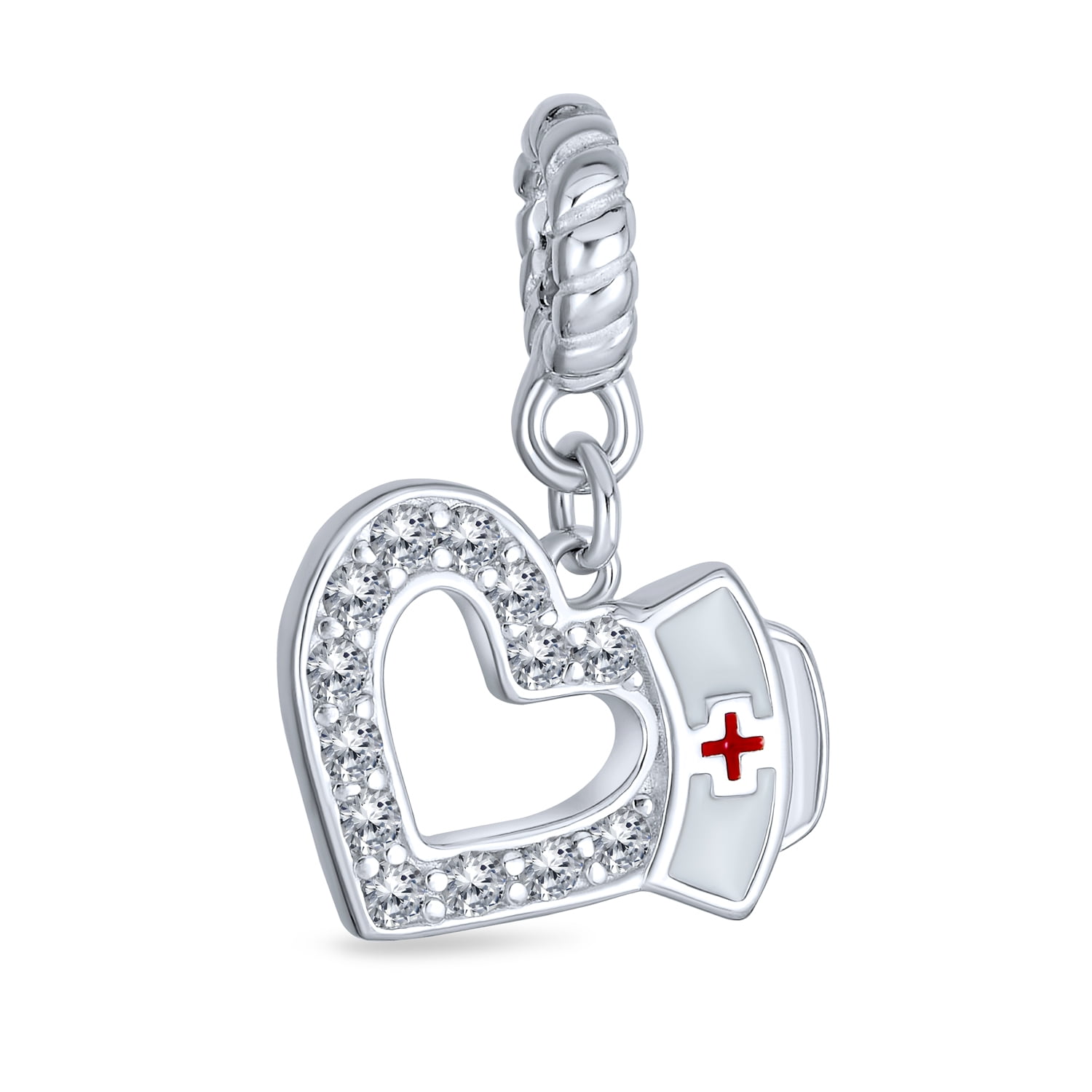 Bling Jewelry Caduceus Rn Nurse Hat Cap Heart Shape Graduate Crystal Cz Dangle Bead Charm White Enamel .925 Sterling Silver Fits European Bracelet Cle