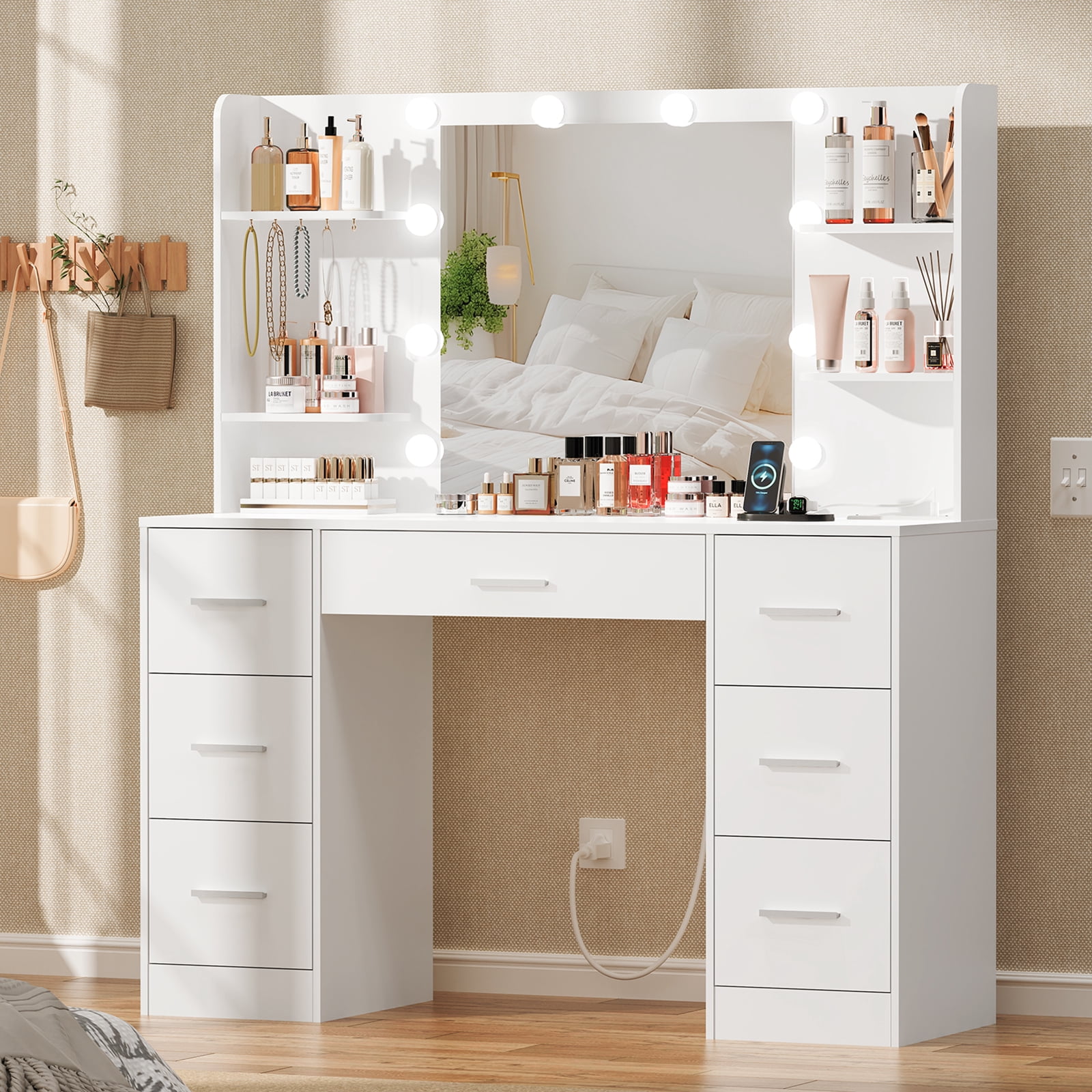 TEENFON Large Makeup Vanity Set with Mirror and Power Outlet, Vanity Desk with 7 Drawers, 4 Shelves and 5 Hooks,Vanity Table for Bedroom, White