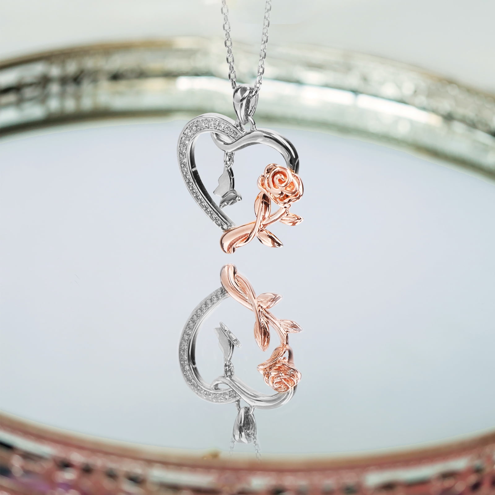 Heart Necklace for Women Sterling Silver CZ Romantic Rose and Butterfly Jewelry for Women Birthday Valentine's Day Gift(Silver)