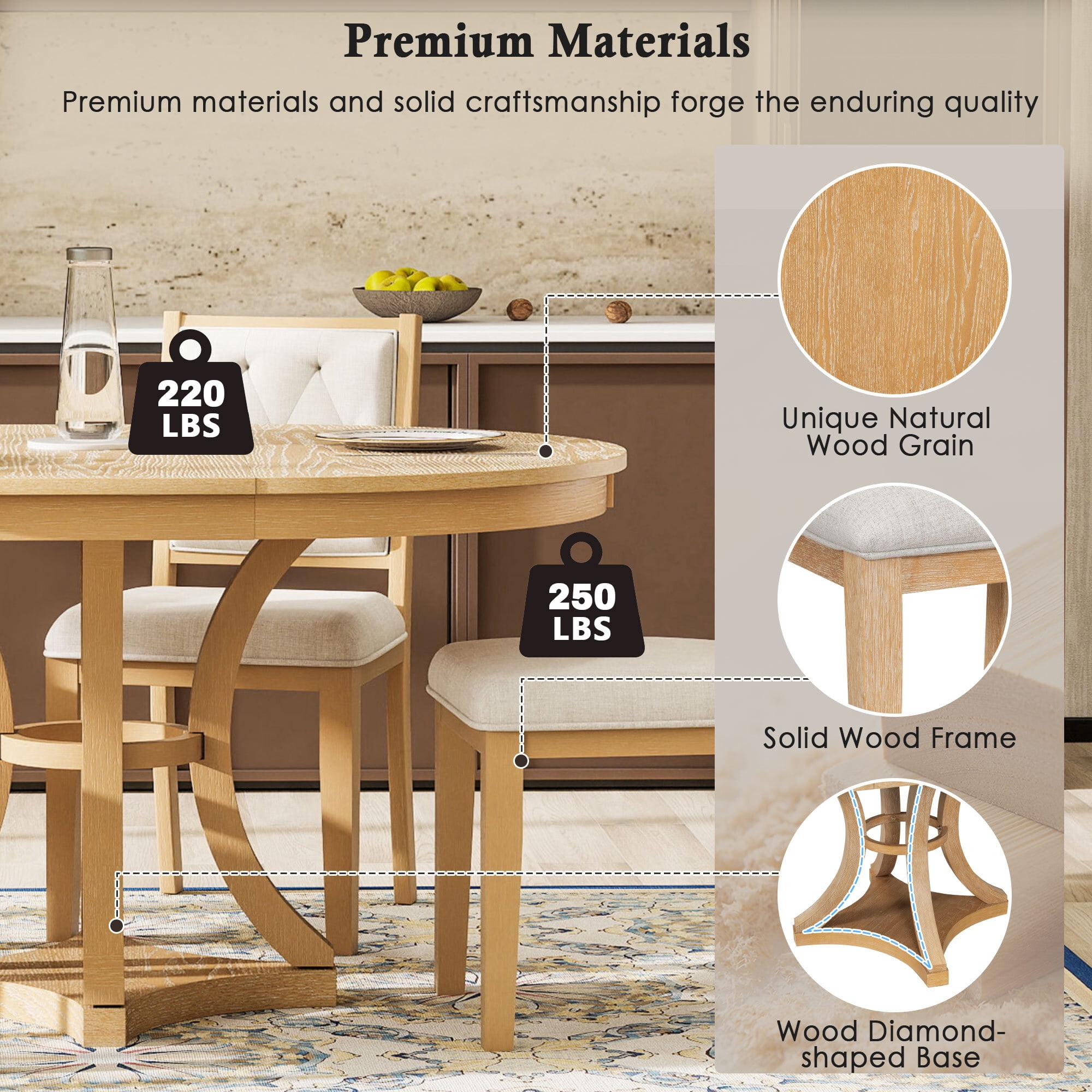 Euroco 5-Piece Retro Dining Table Set for 4,Extendable Round Table and 4 Upholstered Chairs Set for Living Room,Natural