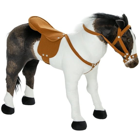 Qaba Ride on Horse for Toddlers 3-8 Years Old Riding Horse with Neighing Sound Stuffed Animal Horse Toy for Kids with Padding Brown