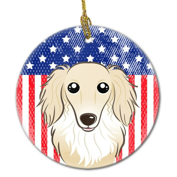 American Flag and Longhair Creme Dachshund Ceramic Ornament