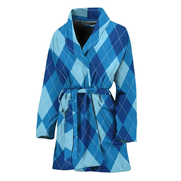 Blue Argyle Pattern Women Bathrobe One Size Univeral Fits, Checkered Caro Plaid Tartan Fashion Lightweight Plush Fleece Long Robe For Women