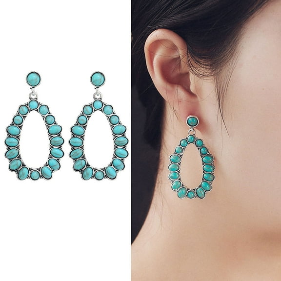 Hyasfey 1 Pair Women Dangle Earrings Hollow Out Geometric Shape Retro Bohemian Style Faux Turquoise Stainless Alloy Ear Decoration Jewelry Long Hanging Earrings