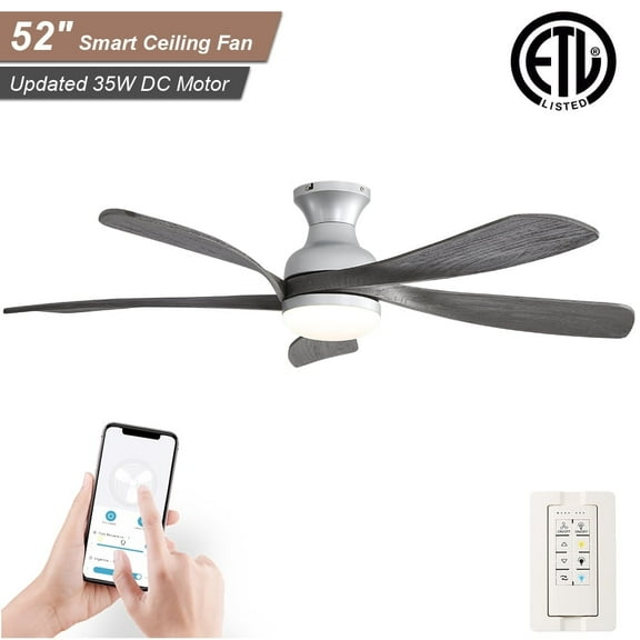 Sofucor 52-Inch Flush Mount Smart Ceiling Fan with LED Light, Remote & App Control, 5 Solid Wood Blades