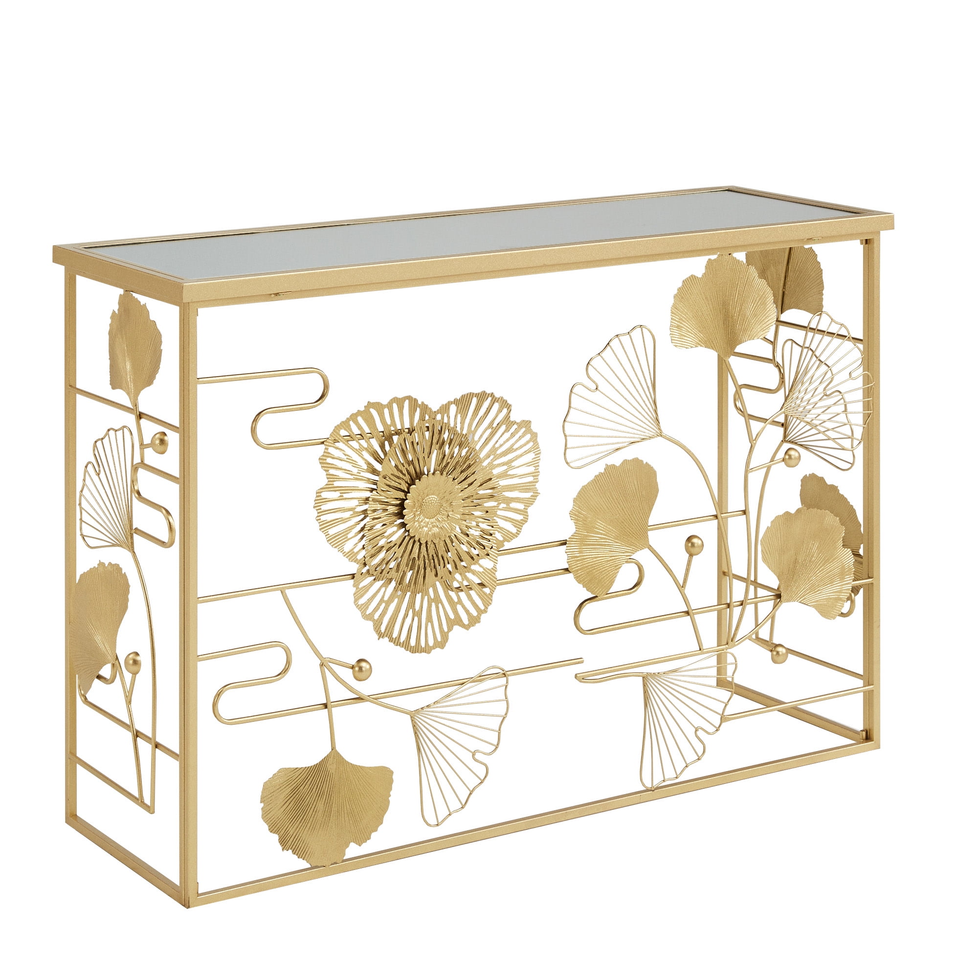 Weston Home Ditmas Gold Finish Peony and Ginkgo Console Table with Mirror Top