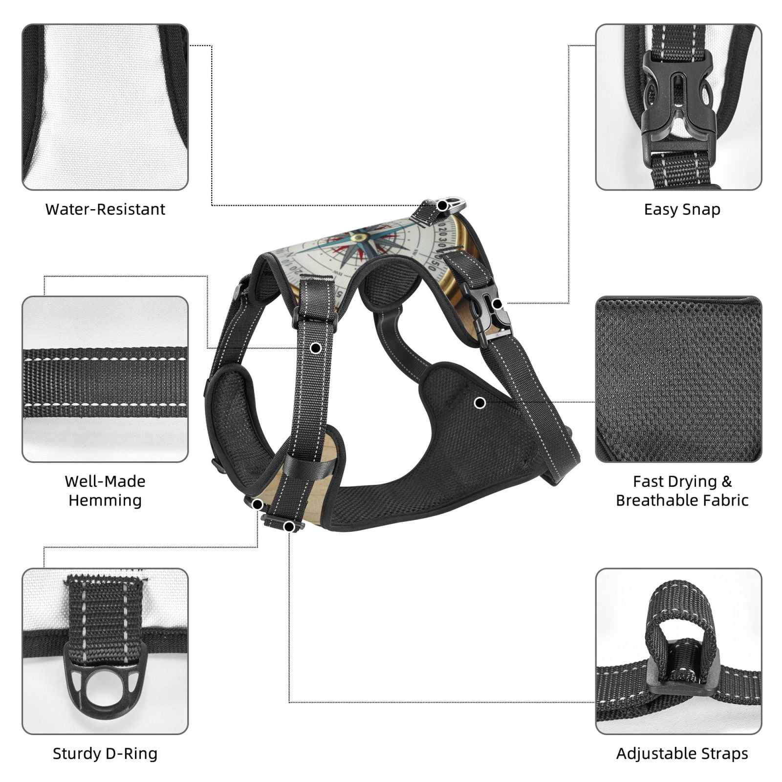 Vsdgher Magnetic Old Compass On World Map Dog Harness, No-Pull Pet Harness, Dog Vest, Pet Vest for Small to Large Dogs-Small